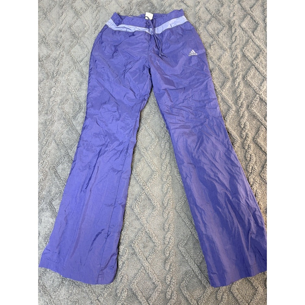 Adidas Track Pants Y Large Purple White Nylon Wide Leg Drawstring Athletic Y2K